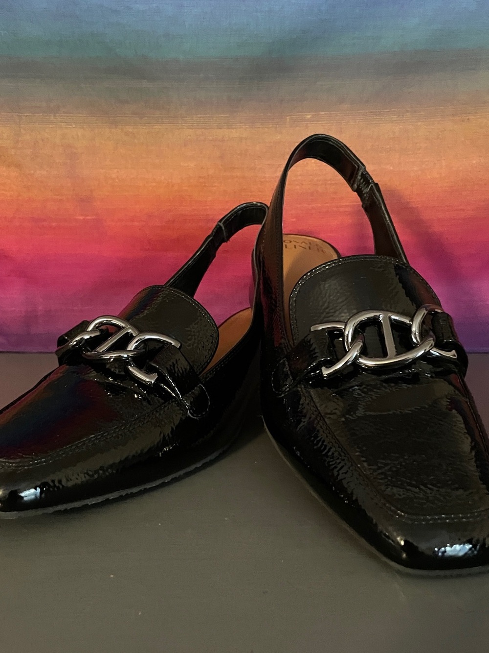 Donald Pliner Tegan Black Crinkle Patent Slingback Bit Loafers Size 9